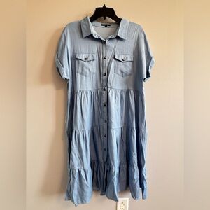 ROLYPOLY Boutique Light Blue Button-Up Tiered soft denim Dress size Large